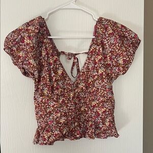 Floral V-Neck Crop Top with Ruched Waist and Tie Back